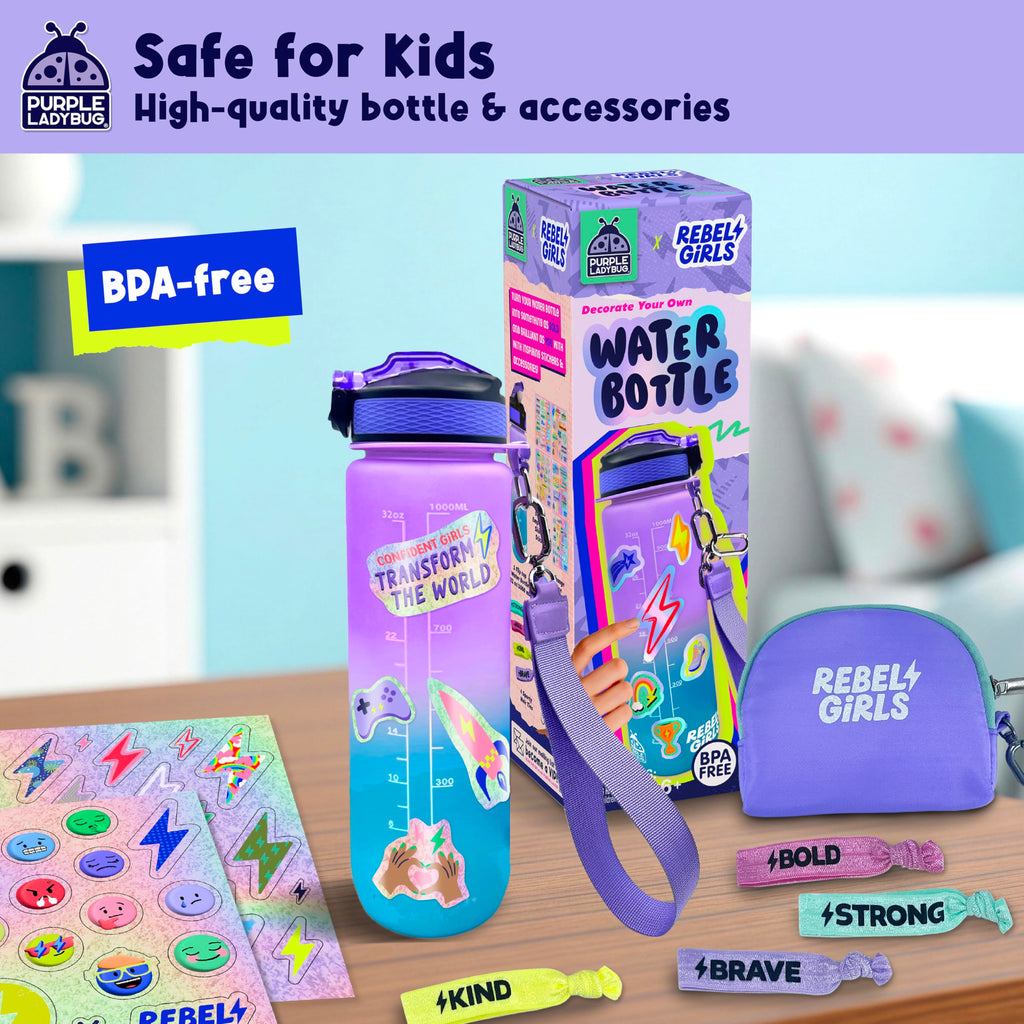 Rebel Girls Decorate Your Own Water Bottle Kit - 32oz BPA-Free Sports Bottle with Motivational Stickers, Hair Ties & More - Creative Gift for Girls Ages 6+