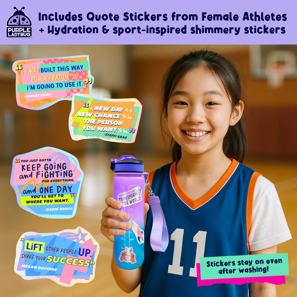 Rebel Girls Decorate Your Own Water Bottle Kit - 32oz BPA-Free Sports Bottle with Motivational Stickers, Hair Ties & More - Creative Gift for Girls Ages 6+