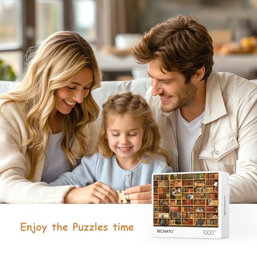 RECHIATO 1000-Piece Cat Library Jigsaw Puzzle – Funny Kitten Bookshelf Scene for Adults and Teens