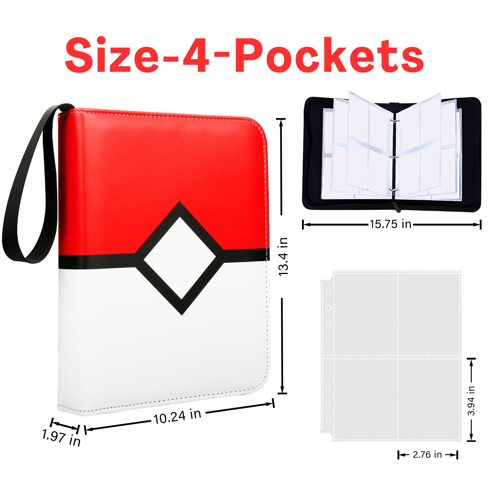 Red 4-Pocket Card Binder with Zipper – Holds 400 Cards, PU Leather, Removable Pages