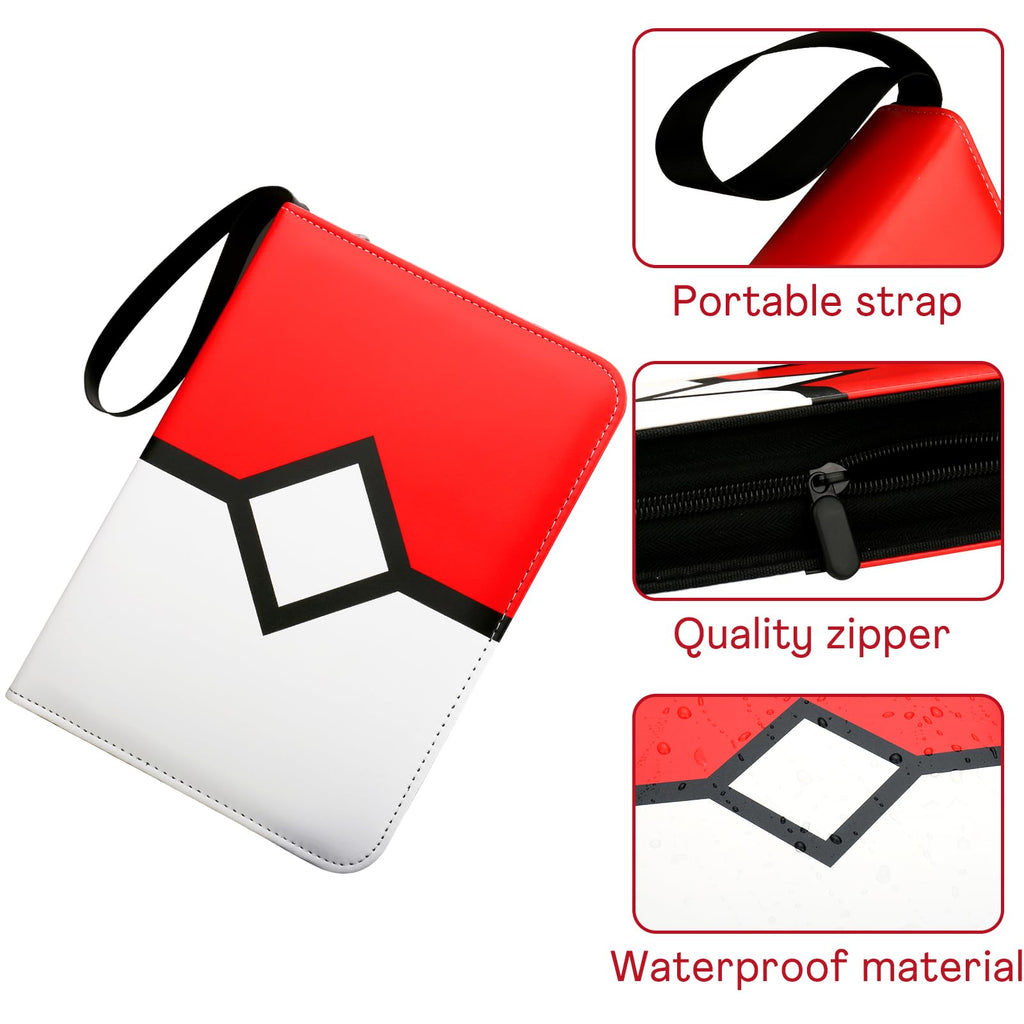 Red 4-Pocket Card Binder with Zipper – Holds 400 Cards, PU Leather, Removable Pages
