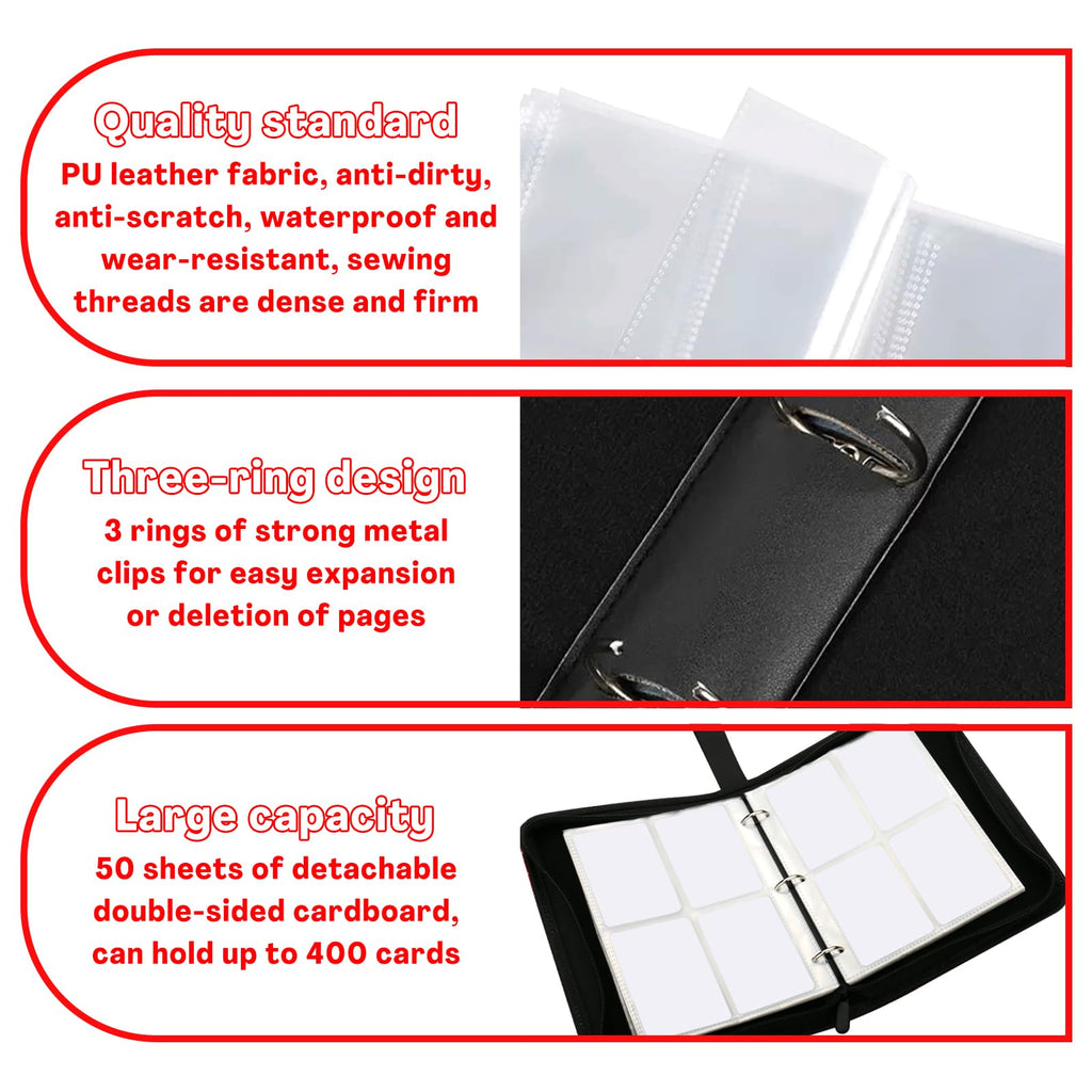 Red 4-Pocket Card Binder with Zipper – Holds 400 Cards, PU Leather, Removable Pages