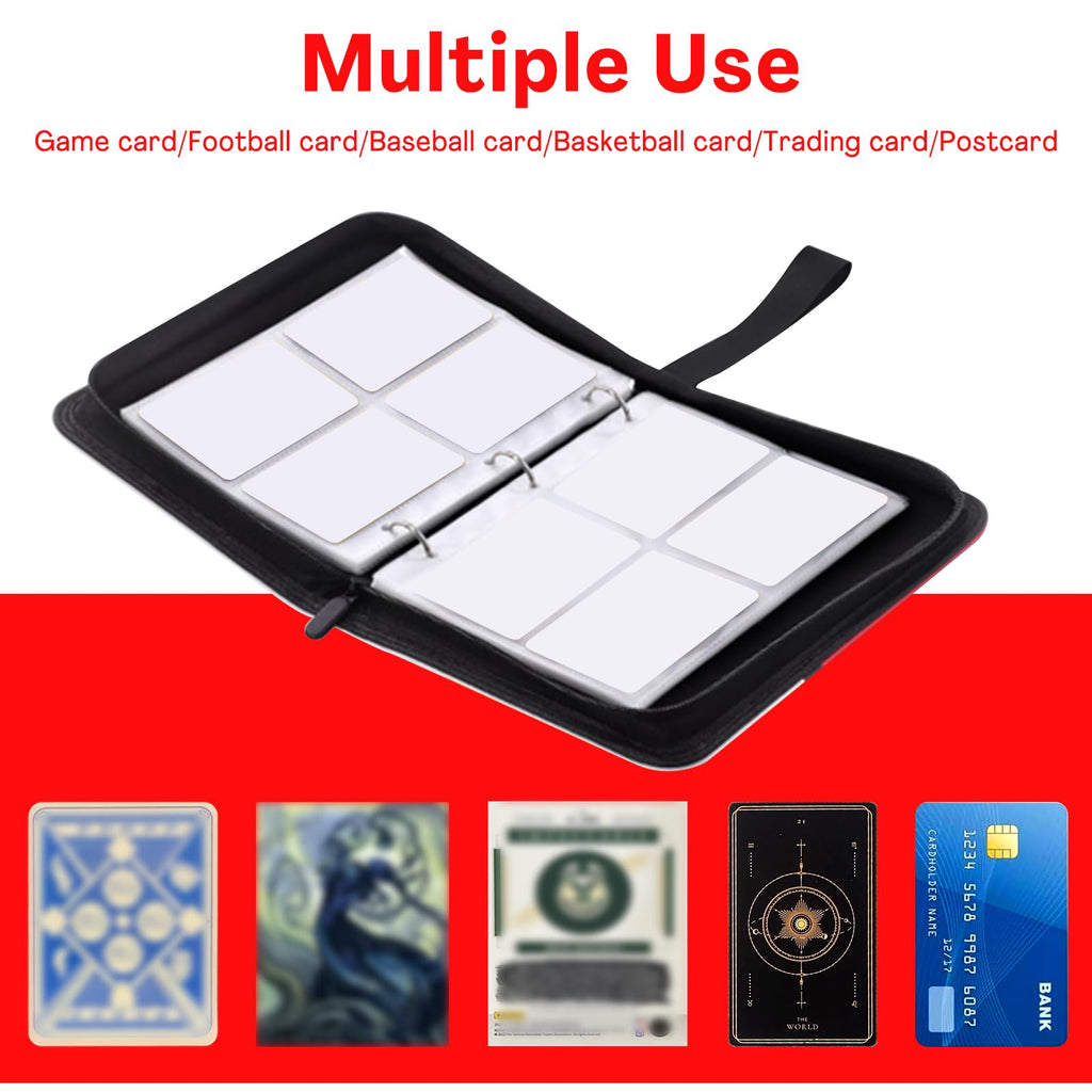 Red 4-Pocket Card Binder with Zipper – Holds 400 Cards, PU Leather, Removable Pages