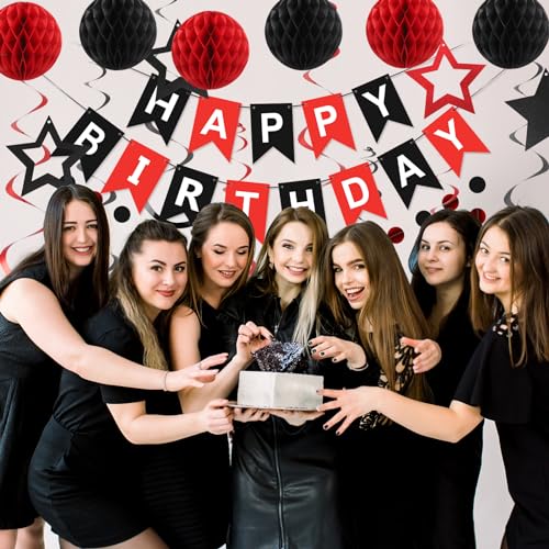 Red and Black Birthday Party Decorations Kit - Banner, Honeycomb Balls, Star Streamers, and Circle Dots Garland by meowtastic