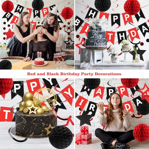 Red and Black Birthday Party Decorations Kit - Banner, Honeycomb Balls, Star Streamers, and Circle Dots Garland by meowtastic