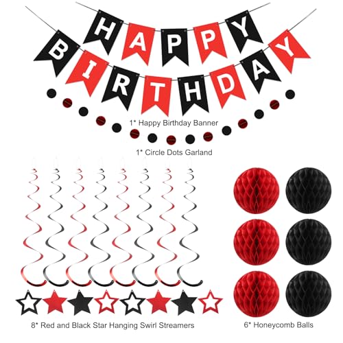 Red and Black Birthday Party Decorations Kit - Banner, Honeycomb Balls, Star Streamers, and Circle Dots Garland by meowtastic
