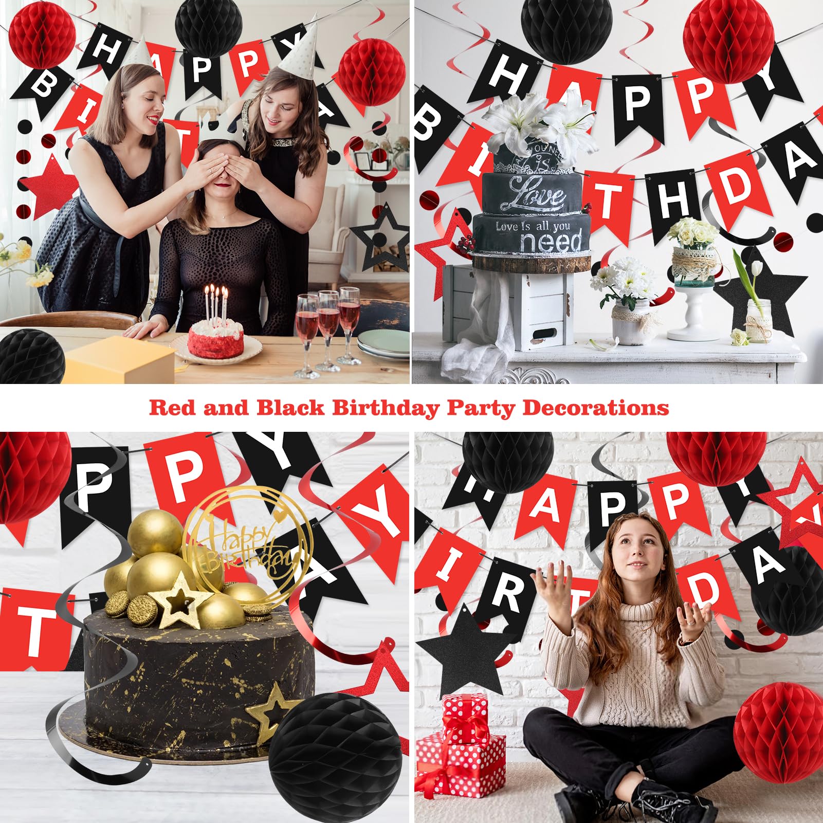 Red and Black Birthday Party Decorations Kit - Banner, Honeycomb Balls, Star Streamers, and Circle Dots Garland by meowtastic