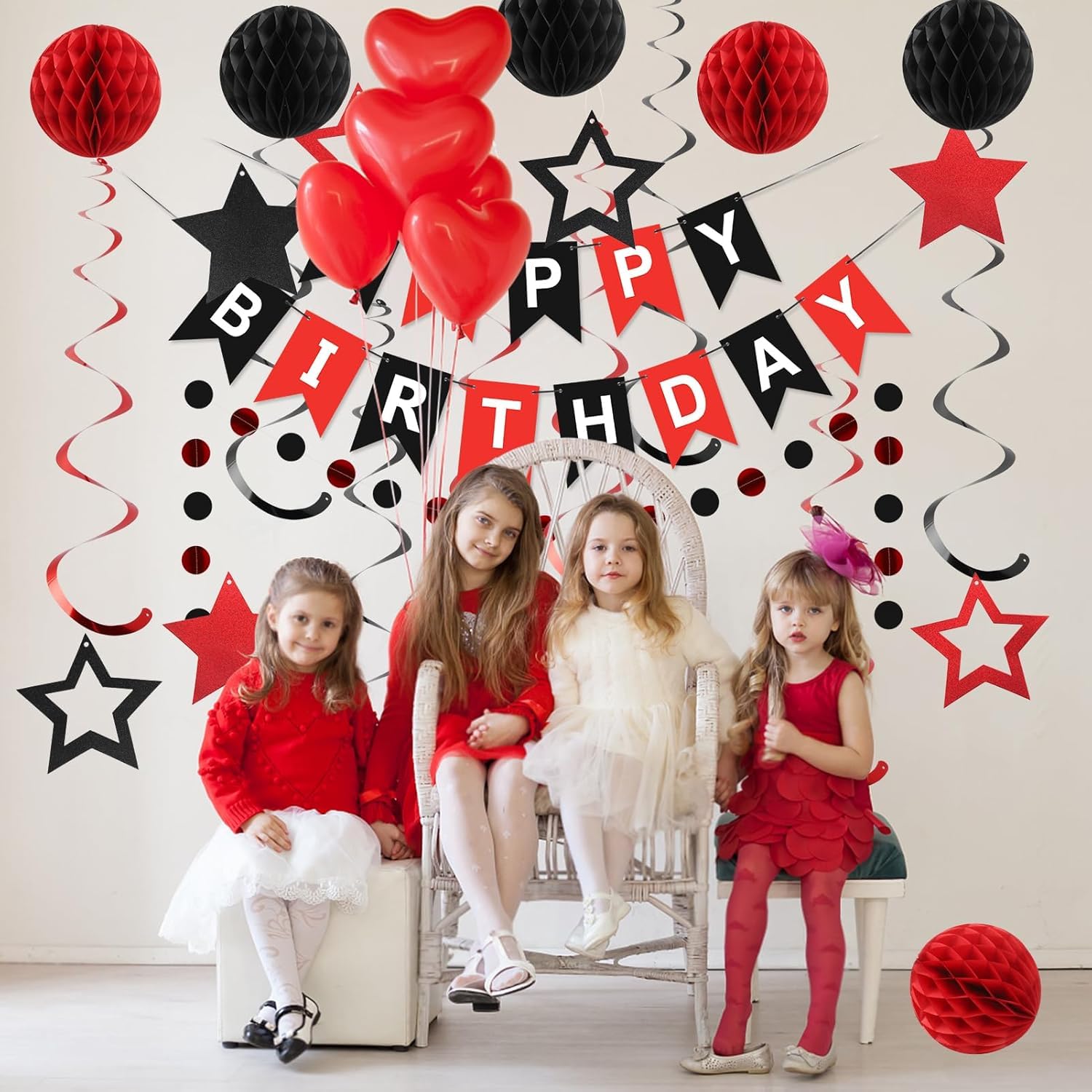 Red and Black Birthday Party Decorations Kit - Banner, Honeycomb Balls, Star Streamers, and Circle Dots Garland by meowtastic