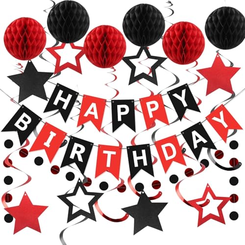 Red and Black Birthday Party Decorations Kit - Banner, Honeycomb Balls, Star Streamers, and Circle Dots Garland by meowtastic