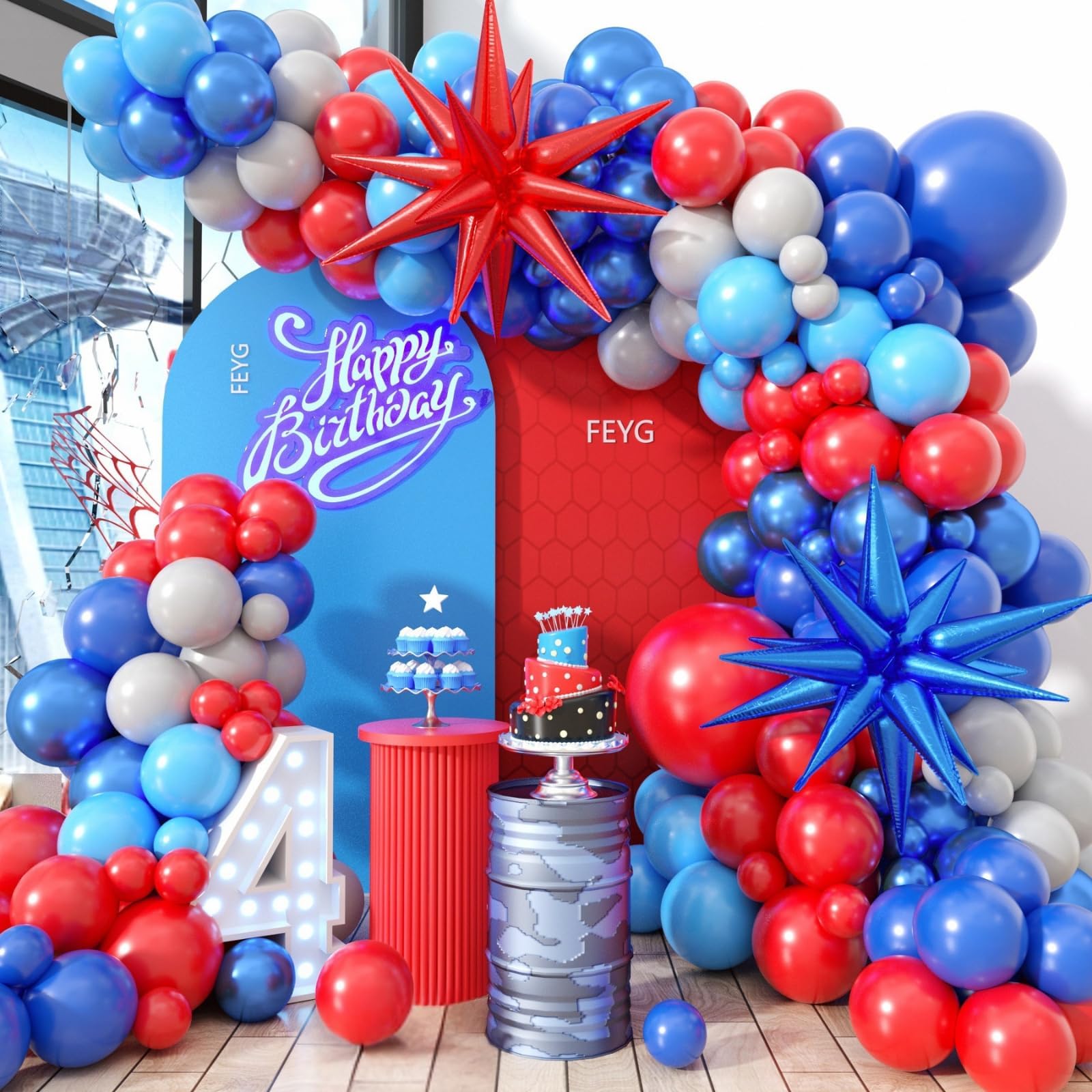 Red and Blue Balloon Arch Garland Kit with 4D Star Foil - 110 Piece Set for Birthday, Baby Shower, Graduation