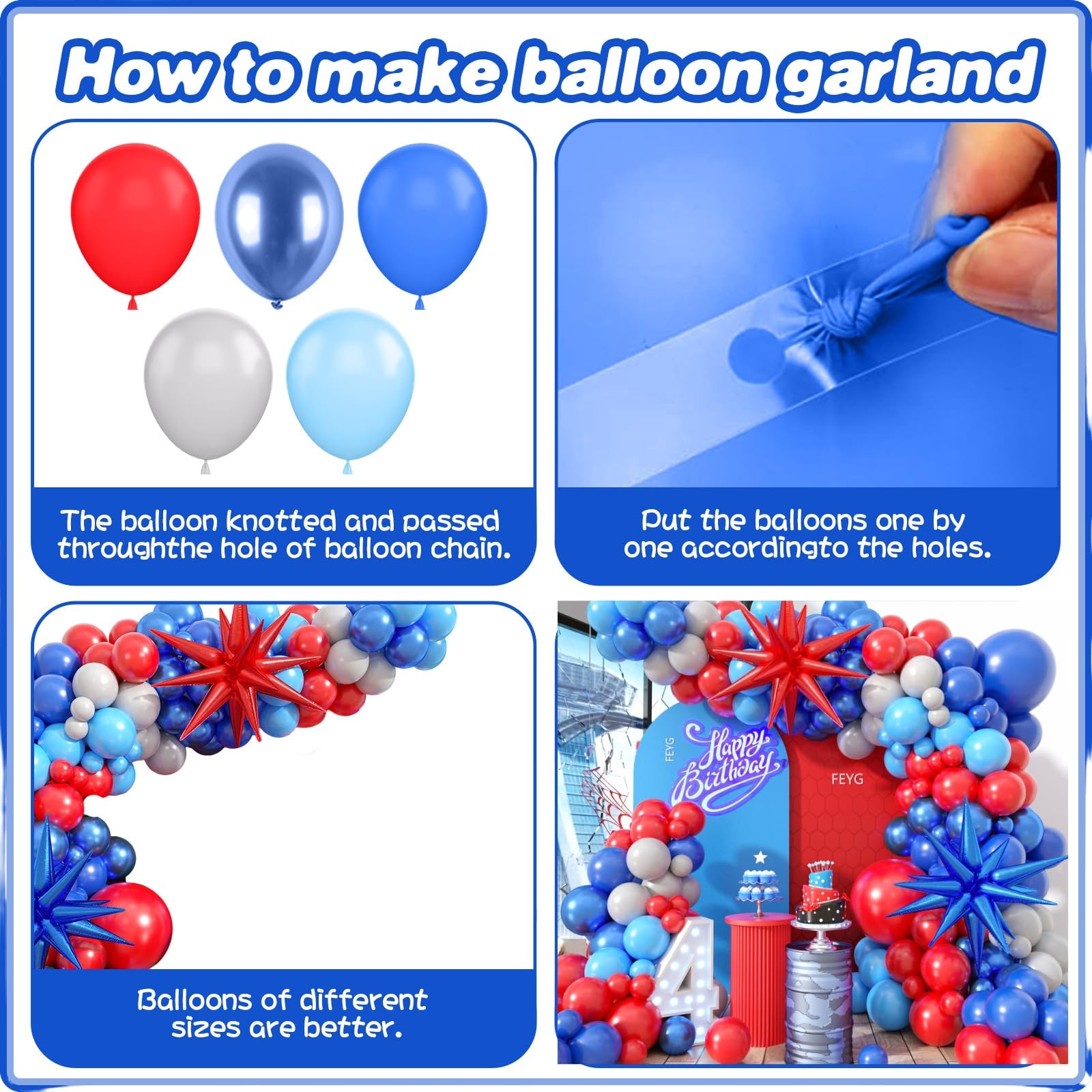 Red and Blue Balloon Arch Garland Kit with 4D Star Foil - 110 Piece Set for Birthday, Baby Shower, Graduation