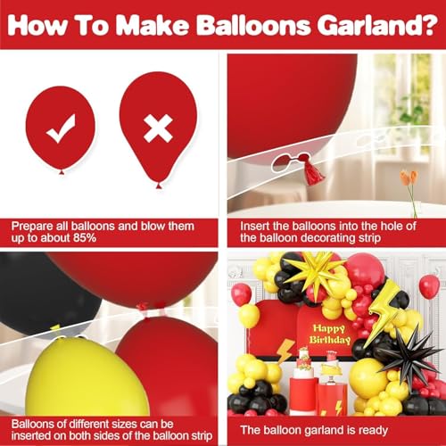 Red, Black, and Yellow Balloon Arch Garland Kit for Cartoon Birthday Parties – 110 Piece Set with Foil Stars and Lightning Bolt