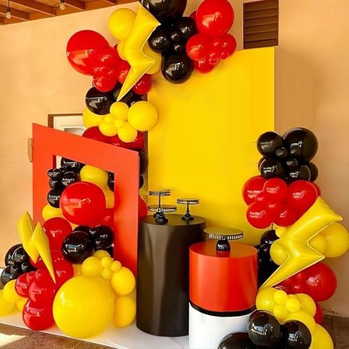 Red, Black, and Yellow Balloon Arch Garland Kit for Cartoon Birthday Parties – 110 Piece Set with Foil Stars and Lightning Bolt