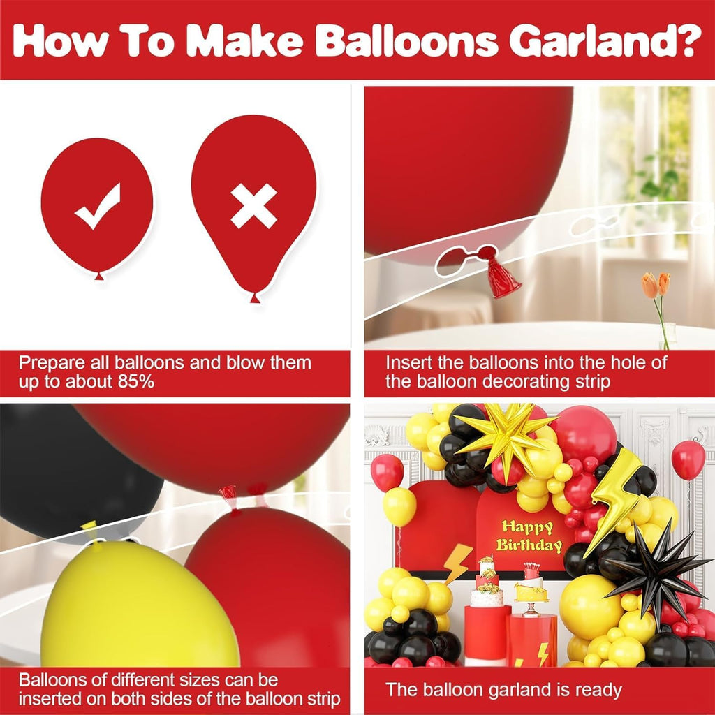 Red, Black, and Yellow Balloon Arch Garland Kit for Cartoon Birthday Parties – 110 Piece Set with Foil Stars and Lightning Bolt