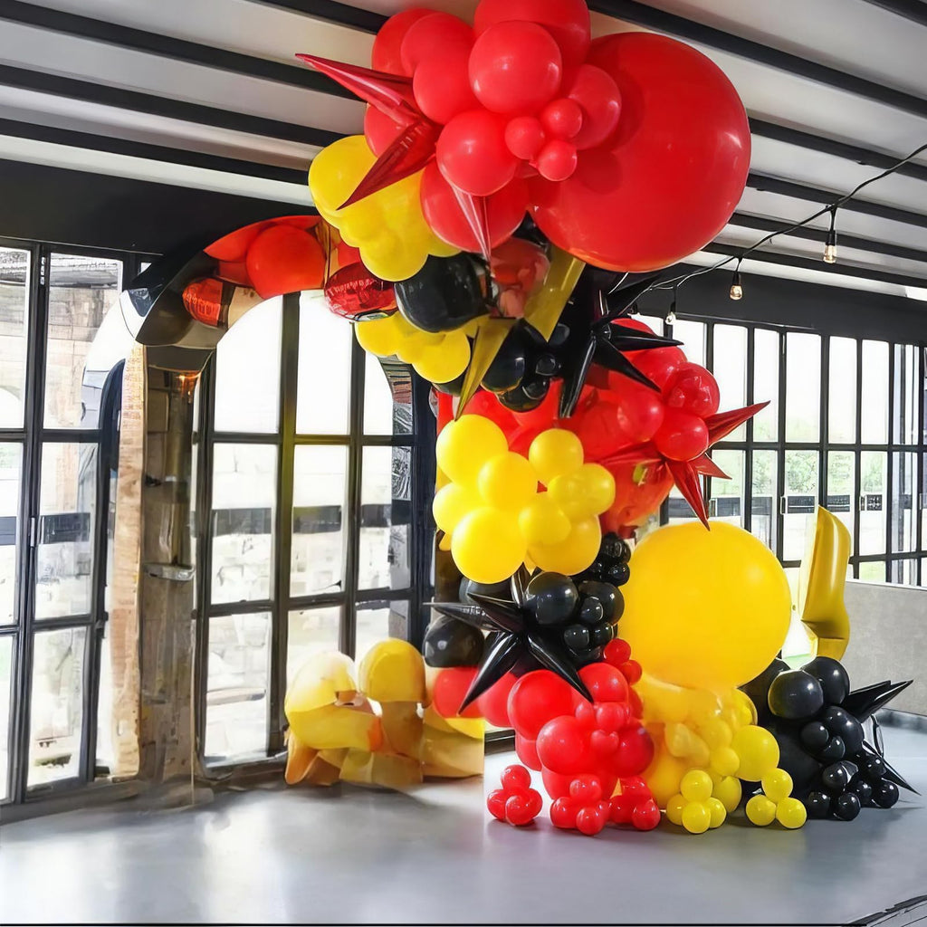 Red, Black, and Yellow Balloon Arch Garland Kit for Cartoon Birthday Parties – 110 Piece Set with Foil Stars and Lightning Bolt