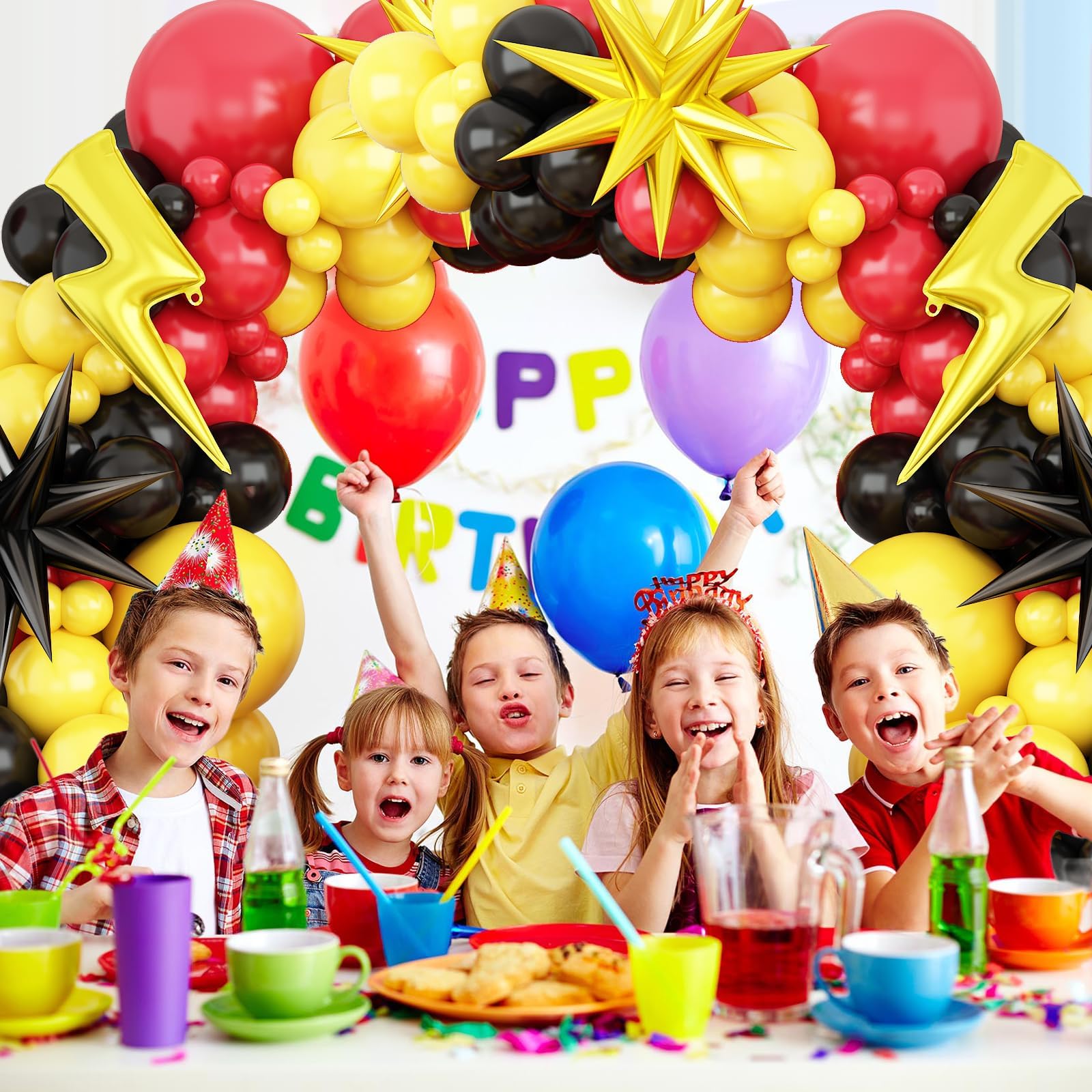 Red, Black, and Yellow Balloon Arch Garland Kit for Cartoon Birthday Parties – 110 Piece Set with Foil Stars and Lightning Bolt