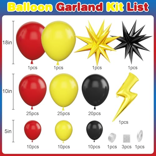Red, Black, and Yellow Balloon Arch Garland Kit for Cartoon Birthday Parties – 110 Piece Set with Foil Stars and Lightning Bolt
