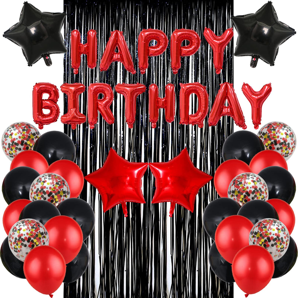 Red Black Birthday Party Decoration Kit - Banner, Curtain & Latex Balloons by LZVPL