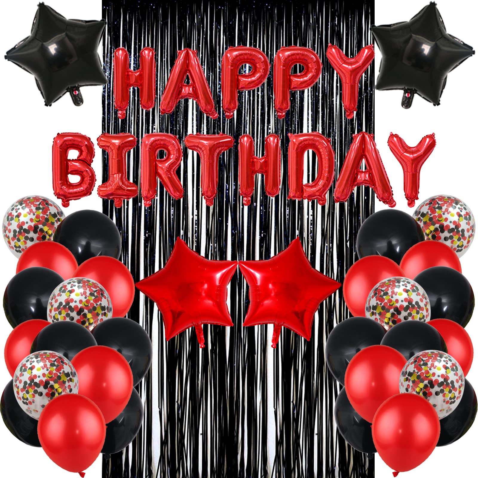 Red Black Birthday Party Decoration Kit - Banner, Curtain & Latex Balloons by LZVPL