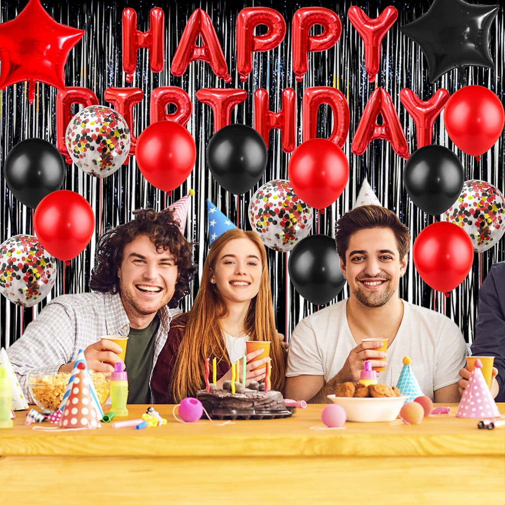 Red Black Birthday Party Decoration Kit - Banner, Curtain & Latex Balloons by LZVPL