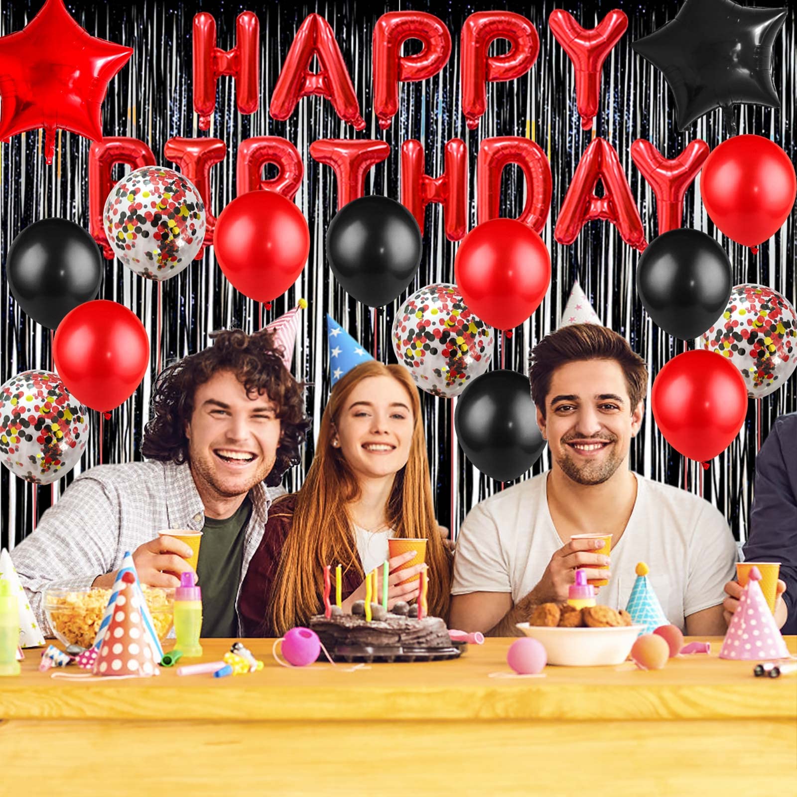 Red Black Birthday Party Decoration Kit - Banner, Curtain & Latex Balloons by LZVPL