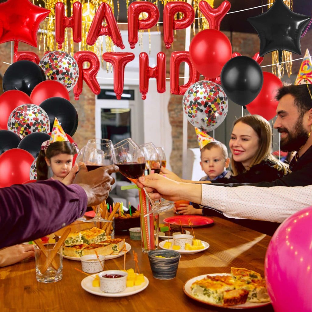 Red Black Birthday Party Decoration Kit - Banner, Curtain & Latex Balloons by LZVPL