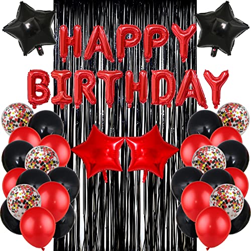 Red Black Birthday Party Decoration Kit - Banner, Curtain & Latex Balloons by LZVPL