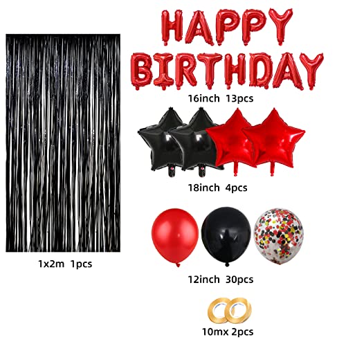 Red Black Birthday Party Decoration Kit - Banner, Curtain & Latex Balloons by LZVPL