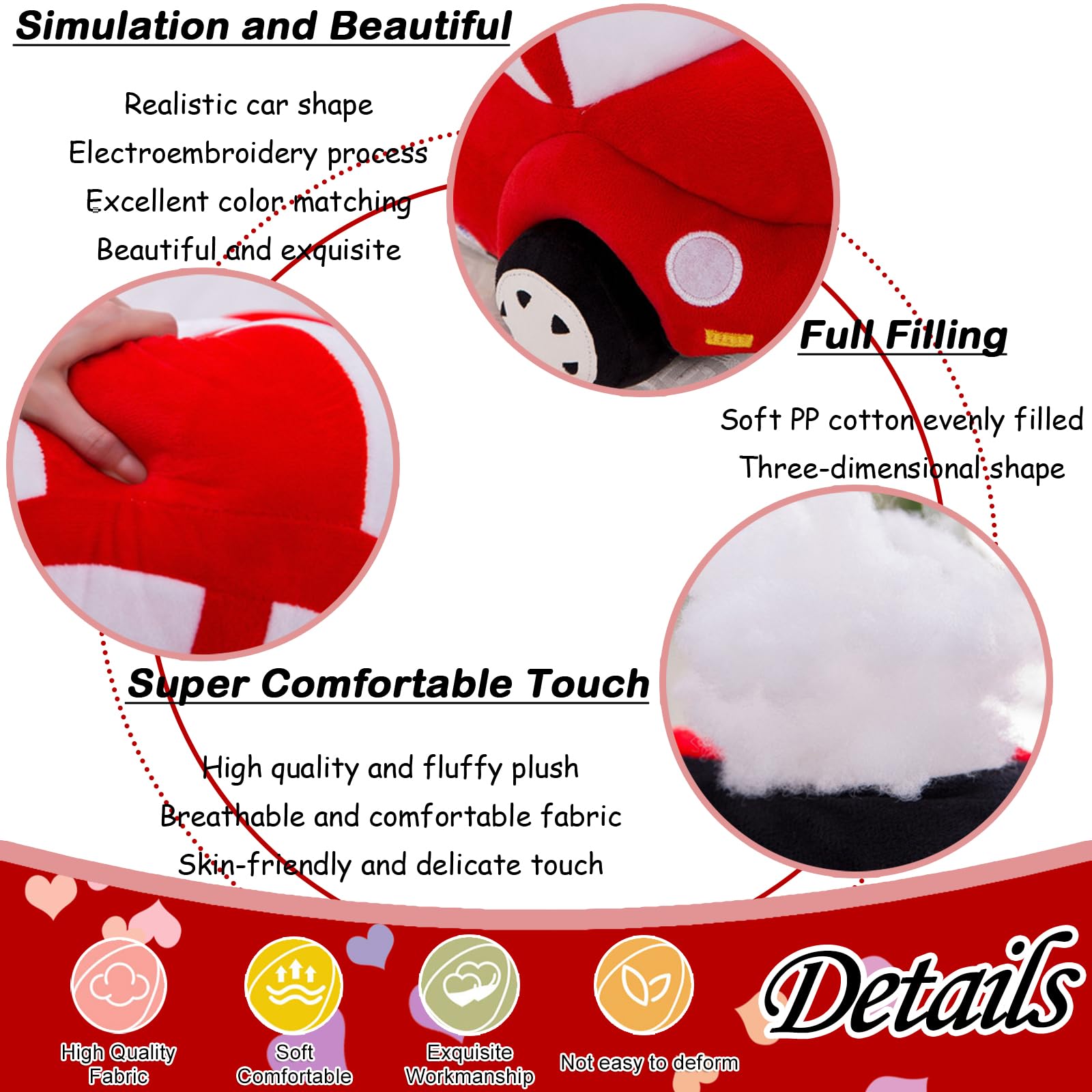 Red Car Plush Pillow 11.8 Inch - Cute Stuffed Toy for Kids and Car Lovers