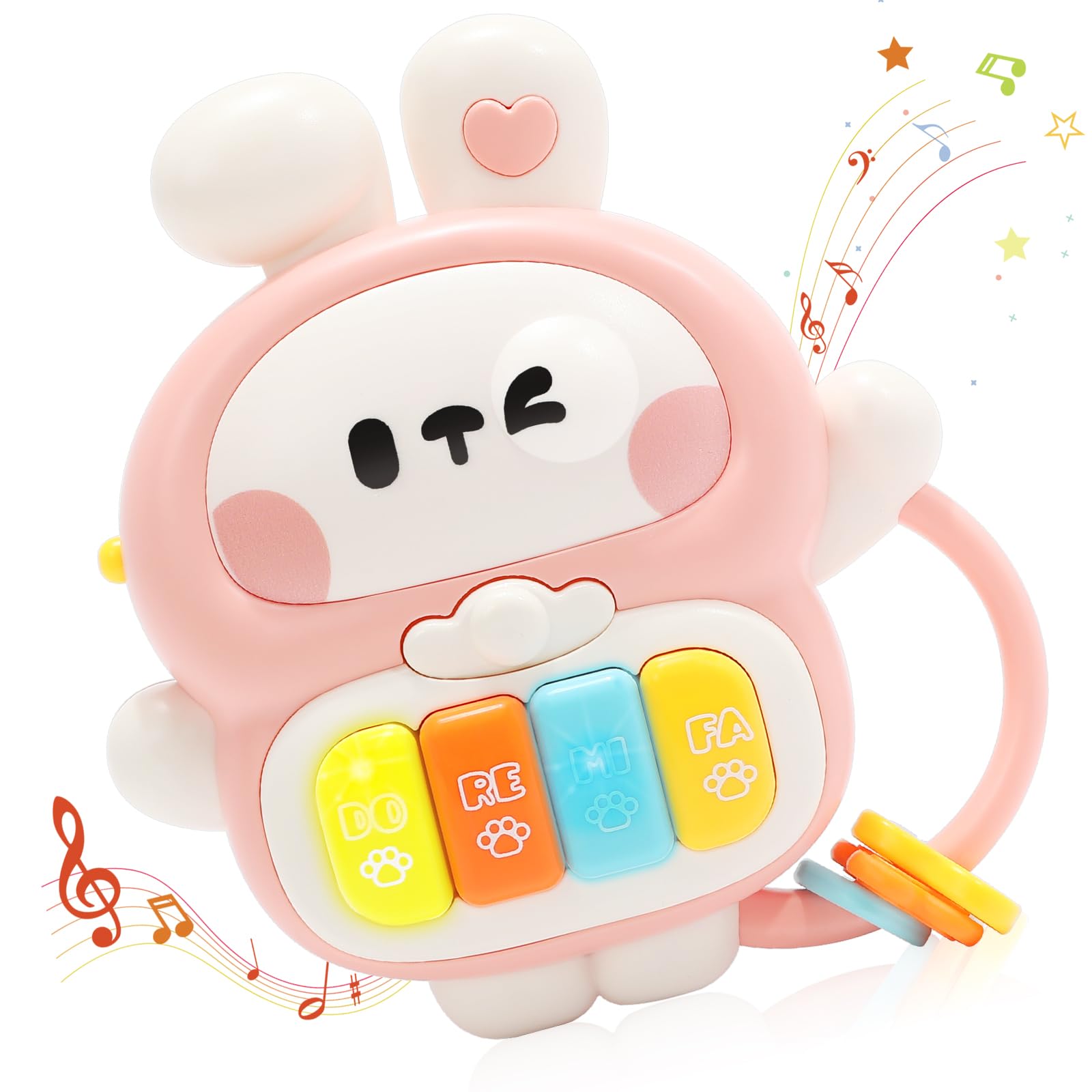 Redbeann Rabbit Piano Musical Toy for Babies 6-12 Months, Light-Up Bunny with 7 Modes, Over 70 Melodies, Portable Handle, Pink