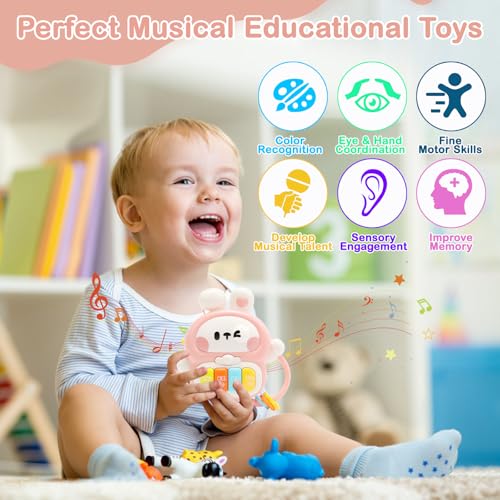 Redbeann Rabbit Piano Musical Toy for Babies 6-12 Months, Light-Up Bunny with 7 Modes, Over 70 Melodies, Portable Handle, Pink