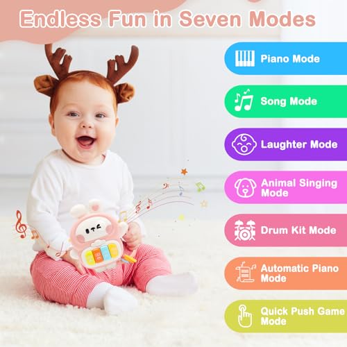 Redbeann Rabbit Piano Musical Toy for Babies 6-12 Months, Light-Up Bunny with 7 Modes, Over 70 Melodies, Portable Handle, Pink