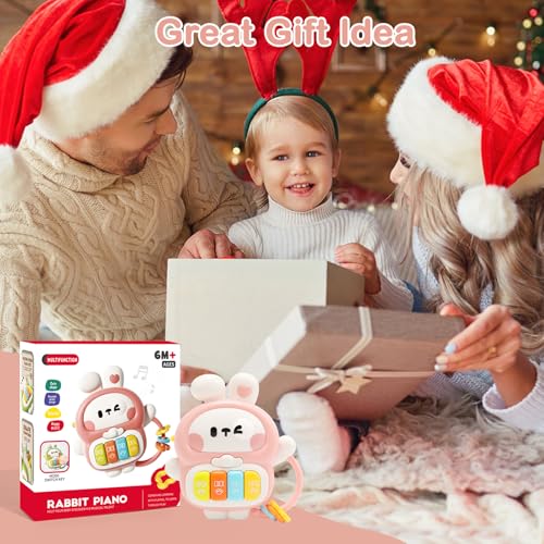 Redbeann Rabbit Piano Musical Toy for Babies 6-12 Months, Light-Up Bunny with 7 Modes, Over 70 Melodies, Portable Handle, Pink