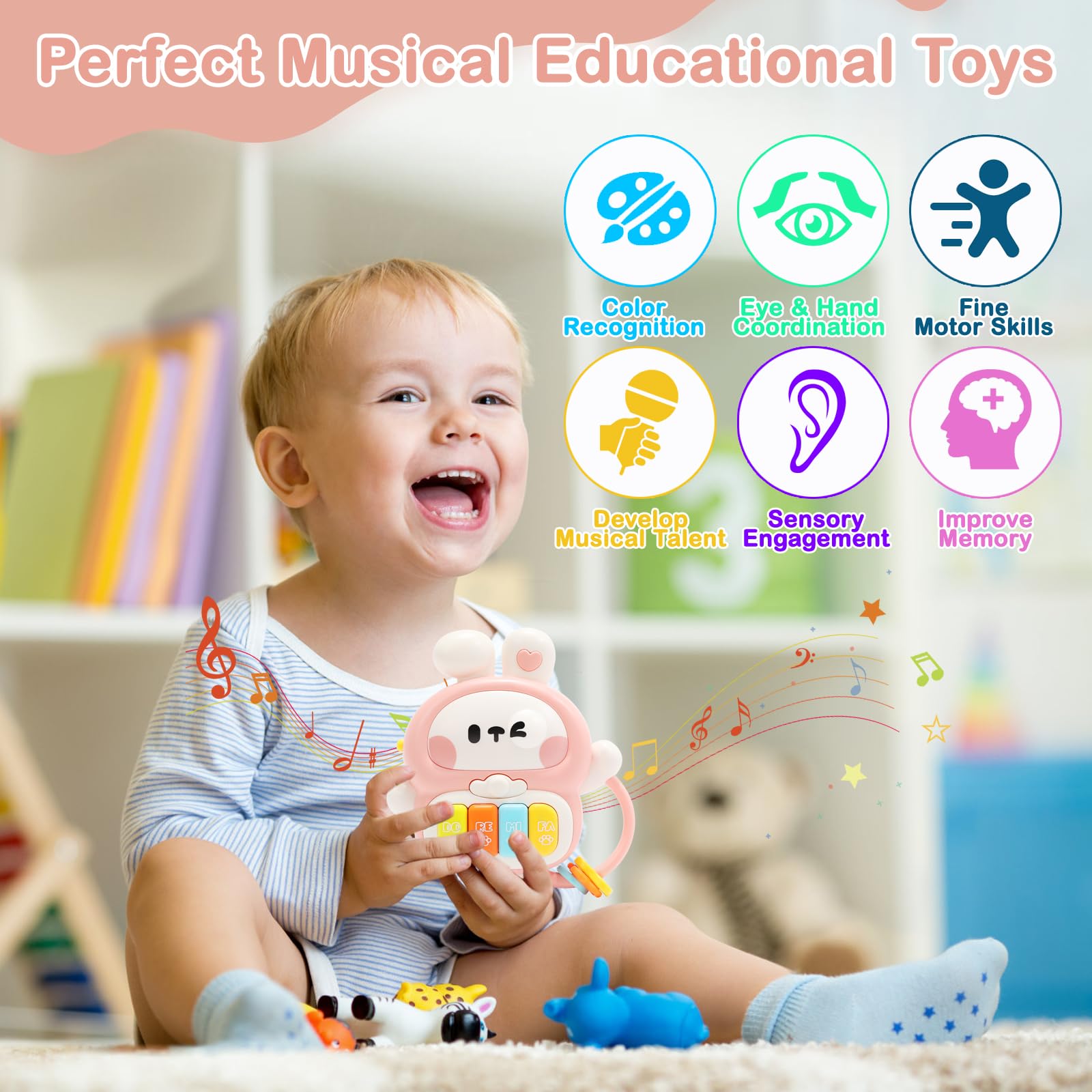 Redbeann Rabbit Piano Musical Toy for Babies 6-12 Months, Light-Up Bunny with 7 Modes, Over 70 Melodies, Portable Handle, Pink