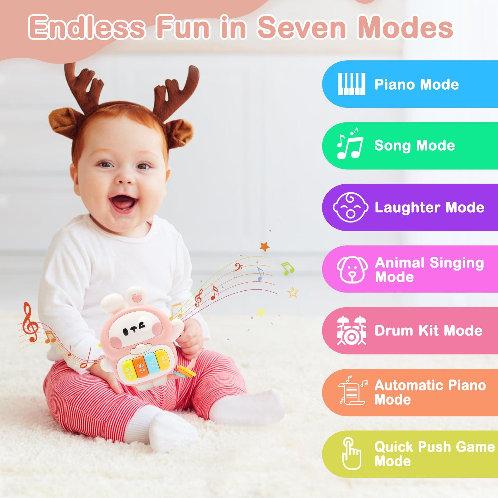 Redbeann Rabbit Piano Musical Toy for Babies 6-12 Months, Light-Up Bunny with 7 Modes, Over 70 Melodies, Portable Handle, Pink