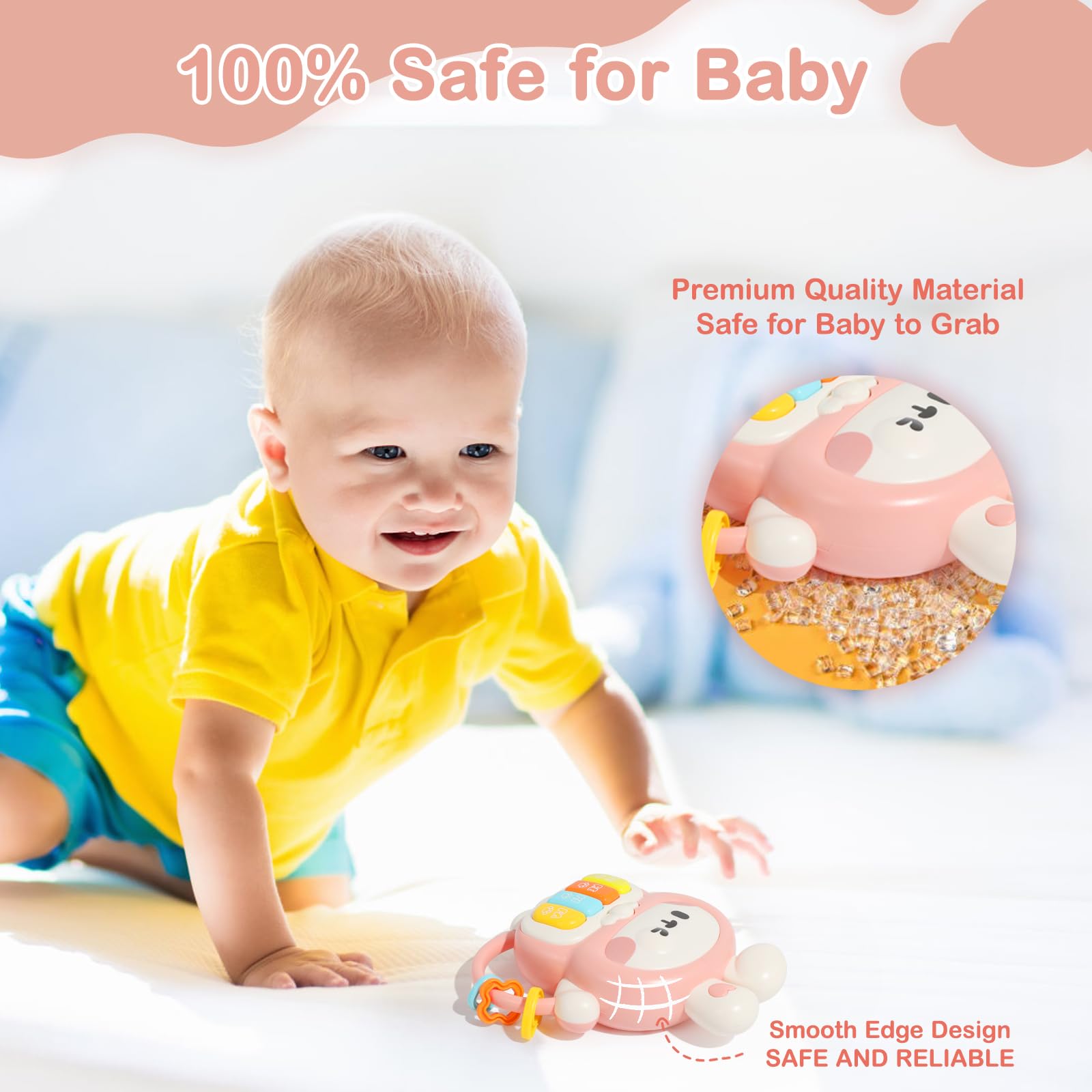 Redbeann Rabbit Piano Musical Toy for Babies 6-12 Months, Light-Up Bunny with 7 Modes, Over 70 Melodies, Portable Handle, Pink