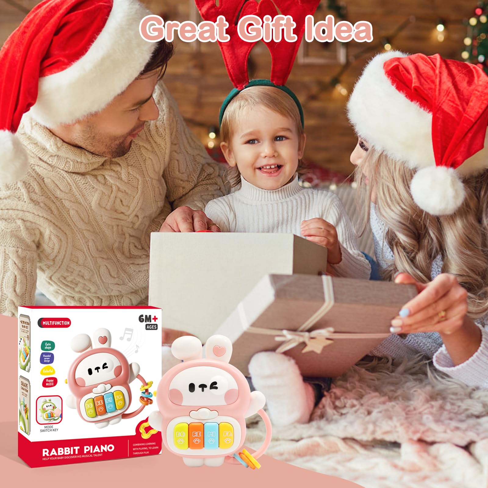 Redbeann Rabbit Piano Musical Toy for Babies 6-12 Months, Light-Up Bunny with 7 Modes, Over 70 Melodies, Portable Handle, Pink