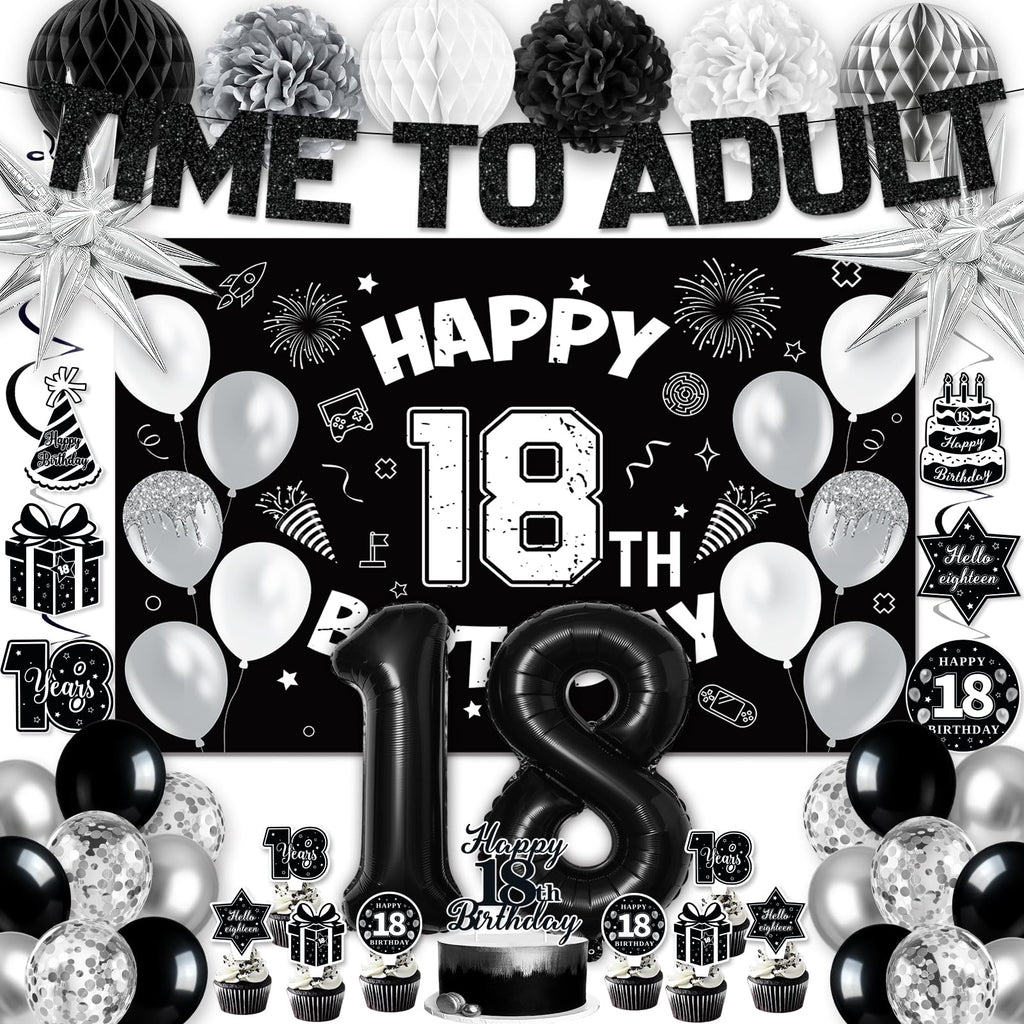 REDWORD 18th Birthday Decorations Kit - Black White Theme with Time To Adult Banner, Backdrop, Balloons, Cake Toppers for Boys Girls 18 Year Old Party