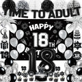 REDWORD 18th Birthday Decorations Kit - Black White Theme with Time To Adult Banner, Backdrop, Balloons, Cake Toppers for Boys Girls 18 Year Old Party