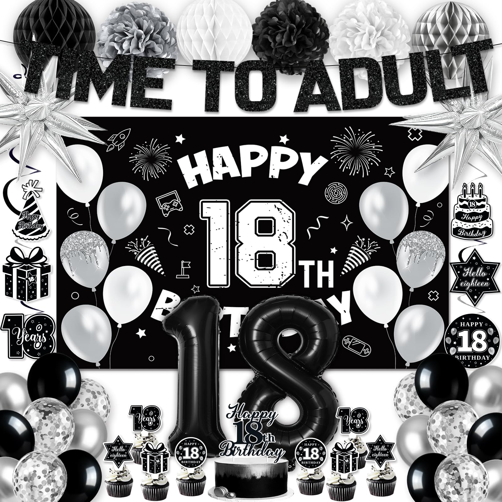REDWORD 18th Birthday Decorations Kit - Black White Theme with Time To Adult Banner, Backdrop, Balloons, Cake Toppers for Boys Girls 18 Year Old Party