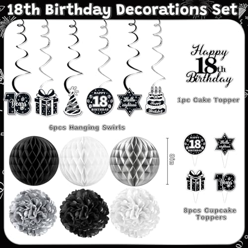 REDWORD 18th Birthday Decorations Kit - Black White Theme with Time To Adult Banner, Backdrop, Balloons, Cake Toppers for Boys Girls 18 Year Old Party