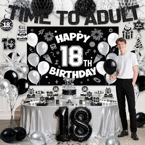 REDWORD 18th Birthday Decorations Kit - Black White Theme with Time To Adult Banner, Backdrop, Balloons, Cake Toppers for Boys Girls 18 Year Old Party