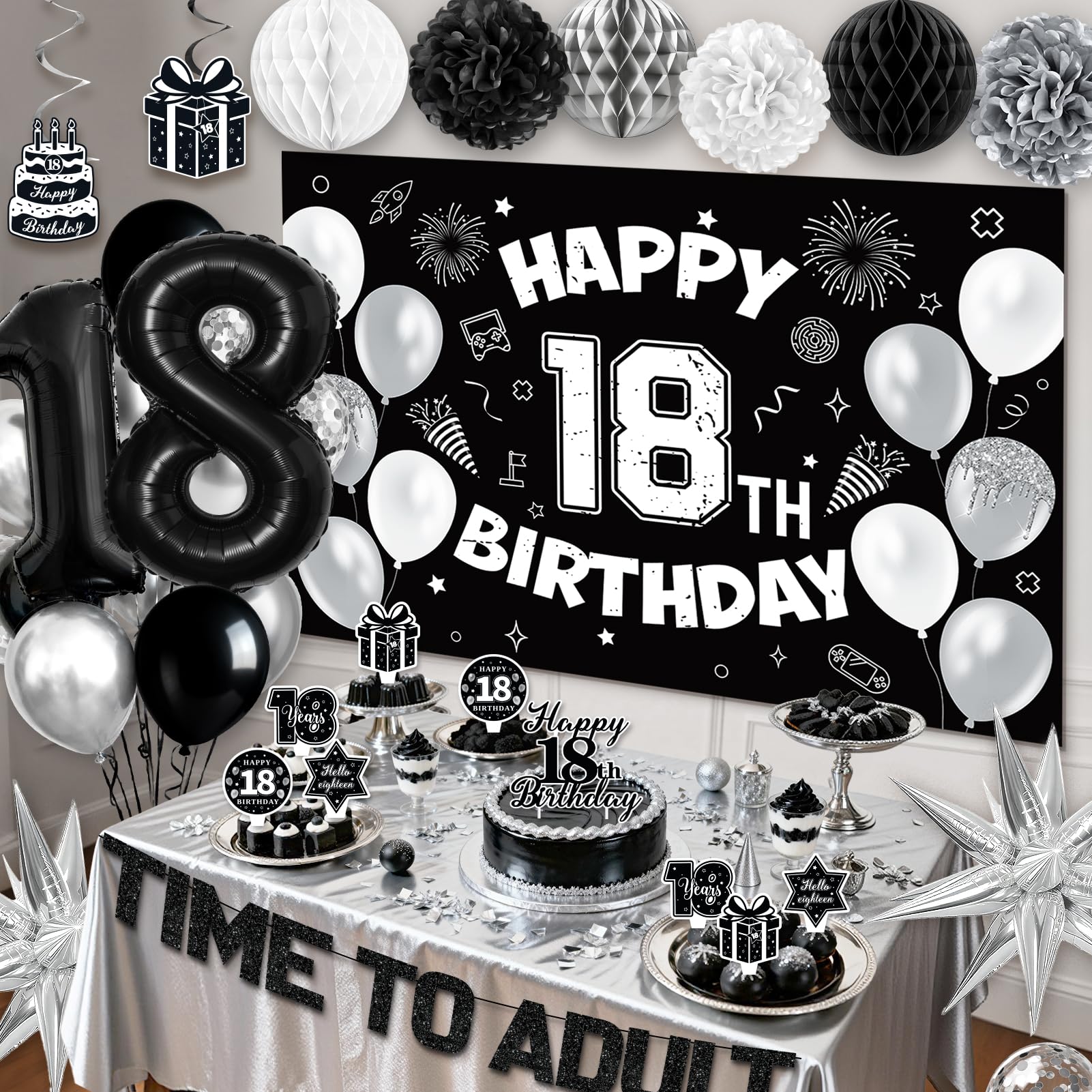 REDWORD 18th Birthday Decorations Kit - Black White Theme with Time To Adult Banner, Backdrop, Balloons, Cake Toppers for Boys Girls 18 Year Old Party