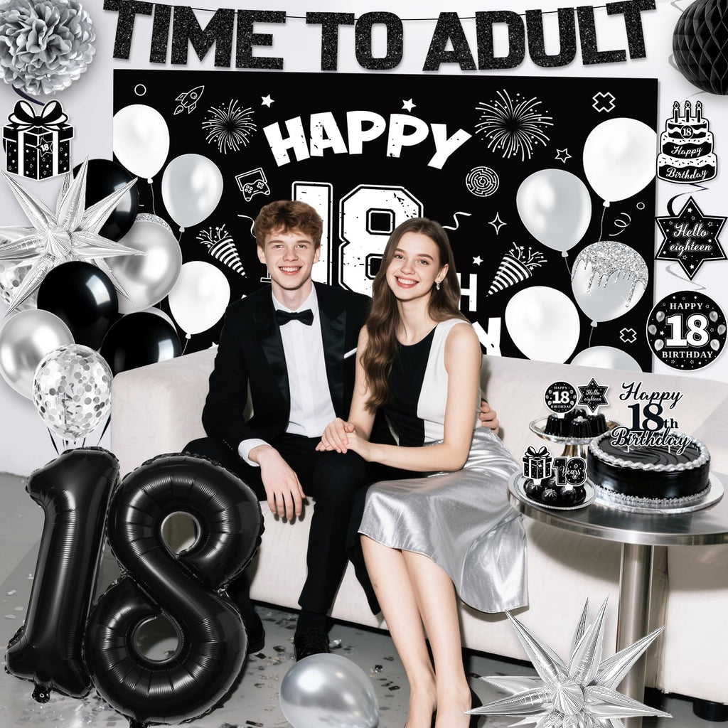 REDWORD 18th Birthday Decorations Kit - Black White Theme with Time To Adult Banner, Backdrop, Balloons, Cake Toppers for Boys Girls 18 Year Old Party