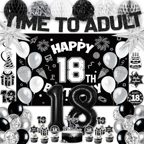 REDWORD 18th Birthday Decorations Kit - Black White Theme with Time To Adult Banner, Backdrop, Balloons, Cake Toppers for Boys Girls 18 Year Old Party