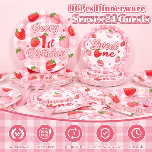 REDWORD Berry 1st Birthday Party Supplies – 96-Piece Strawberry Themed Set for 24 Guests
