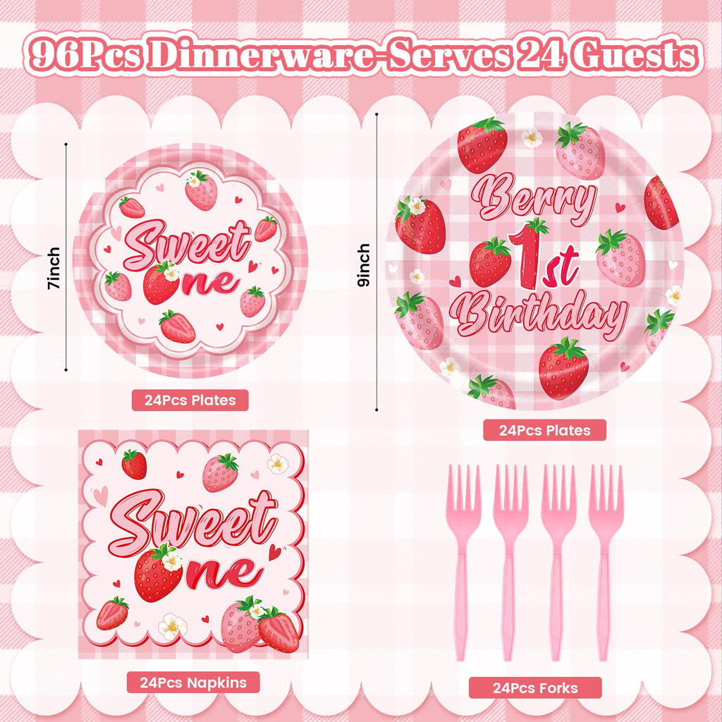 REDWORD Berry 1st Birthday Party Supplies – 96-Piece Strawberry Themed Set for 24 Guests
