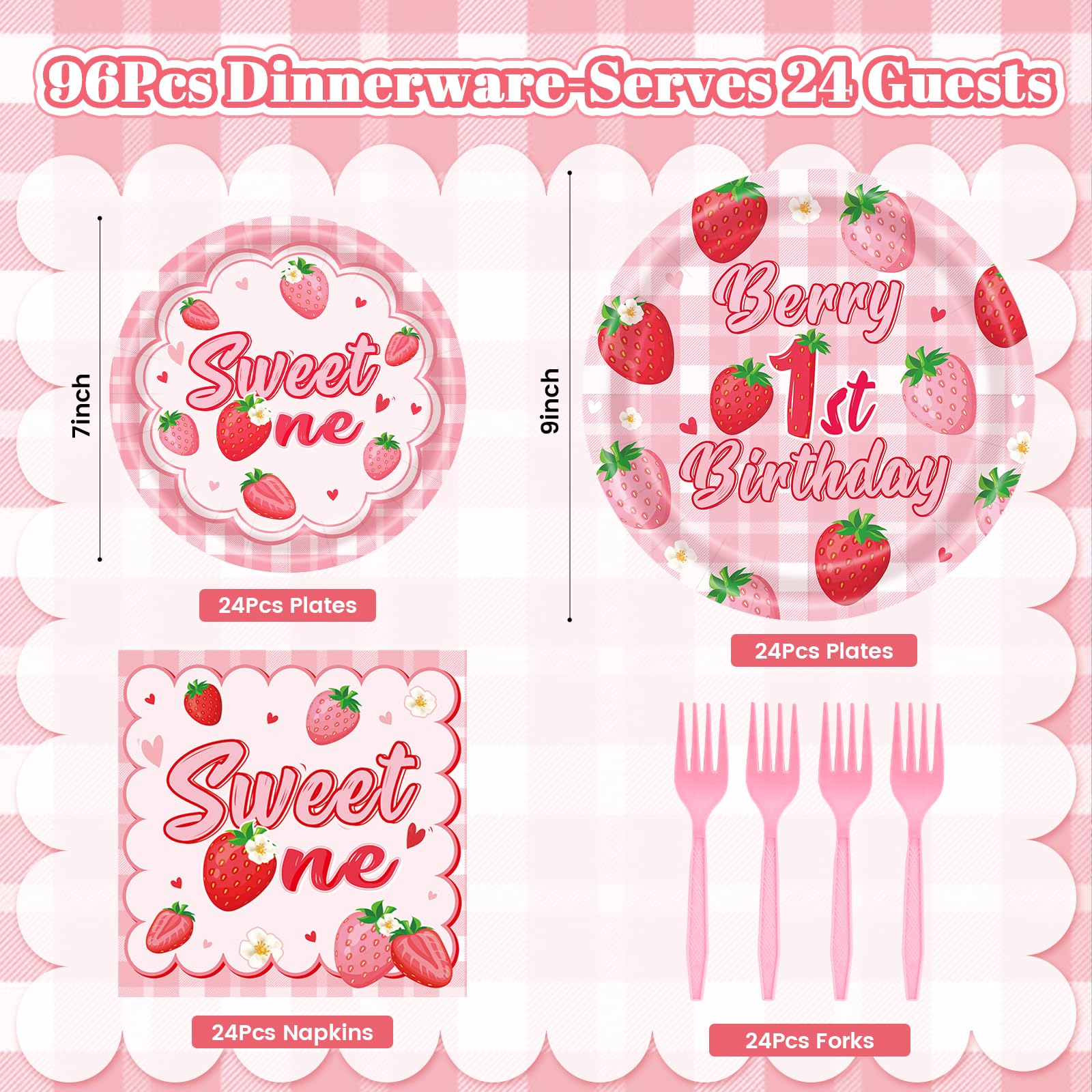 REDWORD Berry 1st Birthday Party Supplies – 96-Piece Strawberry Themed Set for 24 Guests