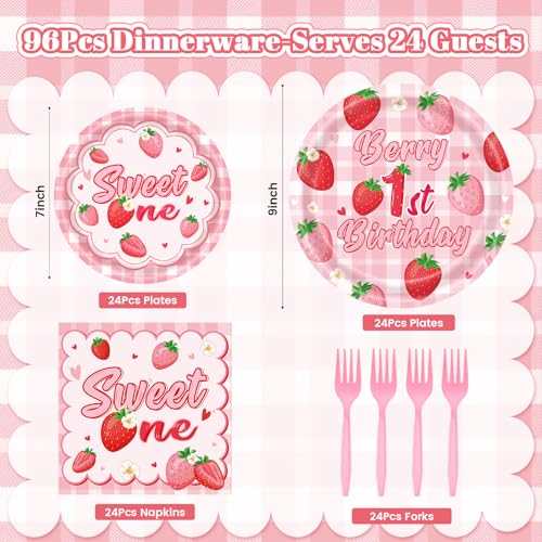 REDWORD Berry 1st Birthday Party Supplies – 96-Piece Strawberry Themed Set for 24 Guests