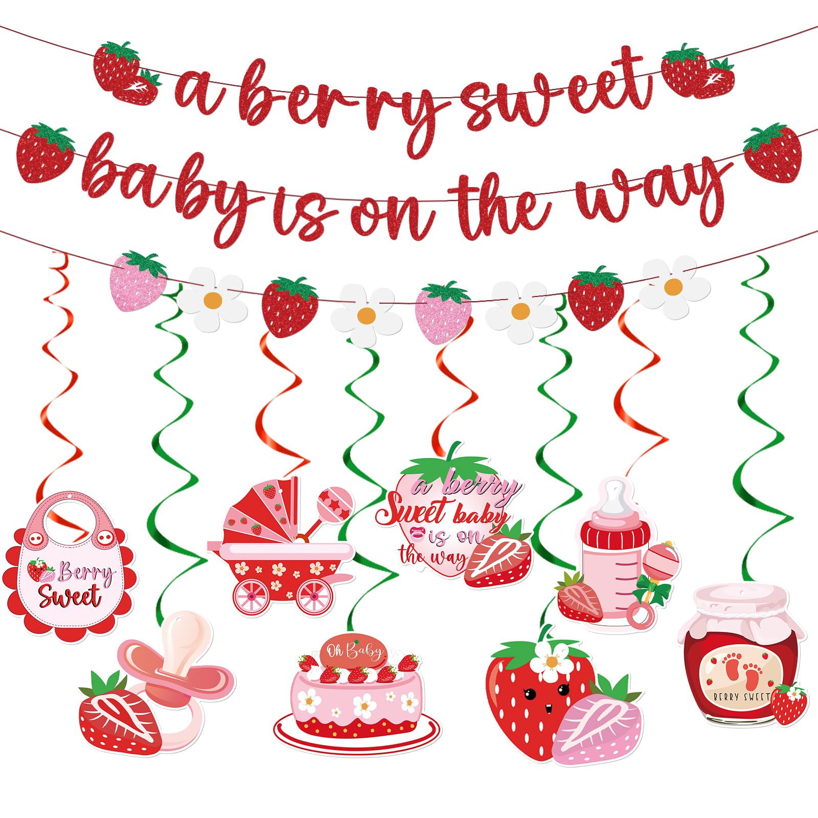 Refavor Strawberry Baby Shower Decorations - 11 Pieces Including Banners and Ceiling Hanging Swirls